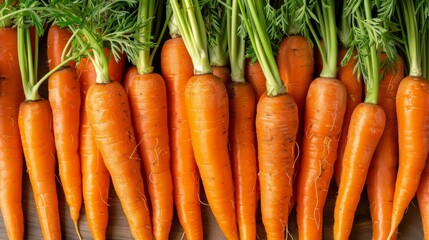 Fresh orange carrots piled together with vibrant green tops