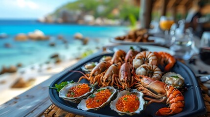 Canvas Print - A plate of seafood is on a table by the ocean