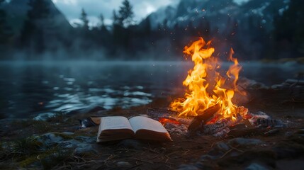 Wall Mural - A book is sitting next to a fire on a beach