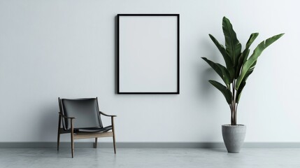 Blank mockup frame set in a contemporary interior with a modern floor lamp, lush potted palm and blank frame.