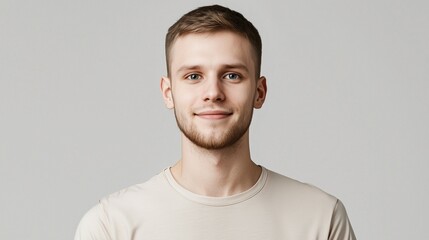 Portrait of handsome attractive young man with short haircut and blue eyes wears beige t shirt standing and smiling isolated over white background looks directly in camera.