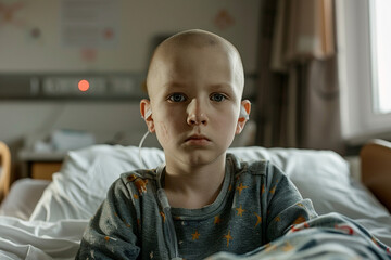 A young boy in a hospital bed, looking at the camera with a serious expression.