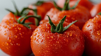 Wall Mural - Freshly harvested tomatoes with a focus on their dewy texture, displayed on a minimalistic background for a fresh look.