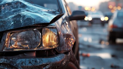 A close-up of a severely damaged car, showcasing crumpled metal and shattered glass from a recent accident.