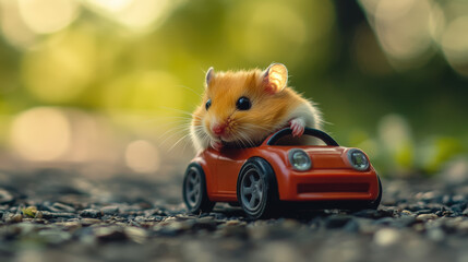 Wall Mural - A hamster is sitting in a toy car