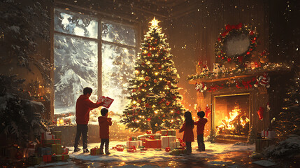 Wall Mural - A family is gathered around a Christmas tree, with a man opening a present for a child. Scene is warm and festive, as the family enjoys the holiday season together