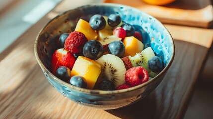 Sticker - A bowl of fresh fruit salad, including kiwi, blueberries, raspberries, and strawberries.