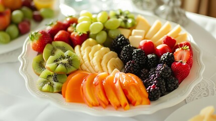 Sticker - A platter of fresh fruit, including kiwi, grapes, strawberries, blackberries, and sliced peaches.