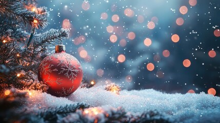 Red ornaments hang from a Christmas tree amidst soft snow on the ground, with sparkling lights illuminating the scene as snowflakes gently fall during a festive winter evening.