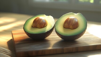 Organic Avocado Halves on Wooden Board,3D