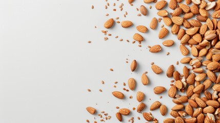 Wall Mural - Top view of almonds spread out evenly on a clean background