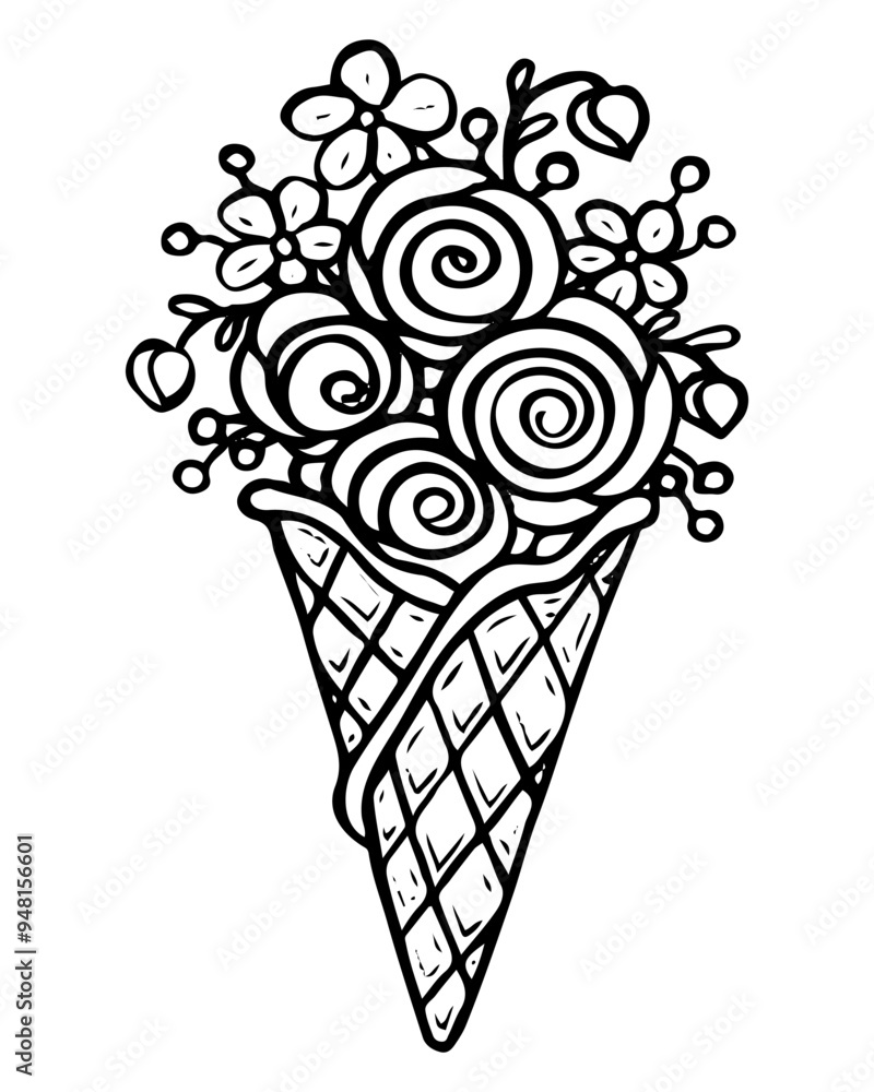 Coloring page flowers in a waffle cone hand drawn. Bouquet of sweet ...