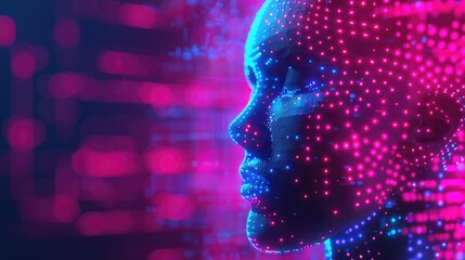 Abstract digital human head profile made of colorful glowing binary code on a dark background with a blurred data center in the foreground.