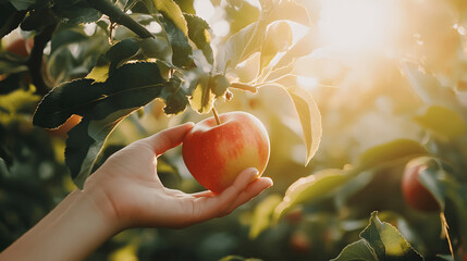 Close-up of hand picking ripe red apple from tree branch