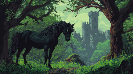 black horse on the background of the castle in pixel style