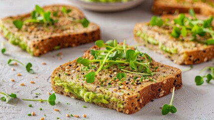 Wall Mural - Whole grain bread slices with avocado spread and microgreens