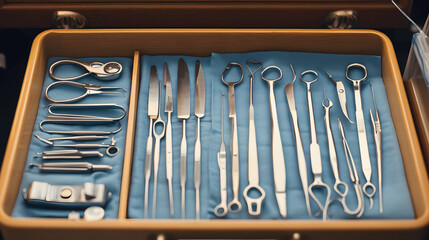 Wall Mural - Organized drawer with surgical instruments for cosmetic procedures in sterile environment