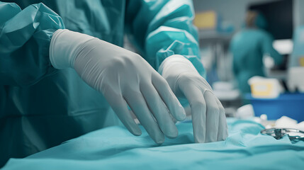 Wall Mural - Cosmetic surgeon putting on sterile surgical gloves for procedure