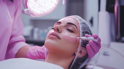 Professional cosmetologist performing chemical peel treatment with glowing results