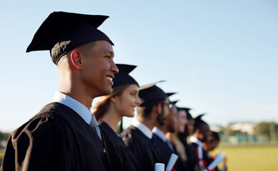 Poster - Happy people, students and graduation with class in line at ceremony for academic achievement or diploma. Young, group or graduates with smile in row together for degree, certificate or qualification