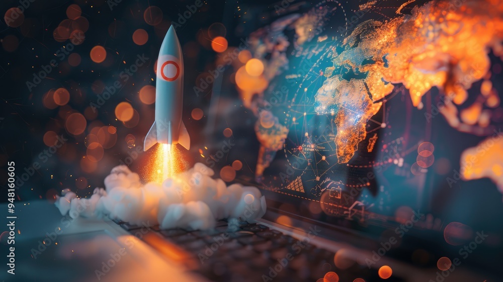 Rocket Lock Screen Computer A rocket emerges from the laptop screen, flying out of it with an air ...