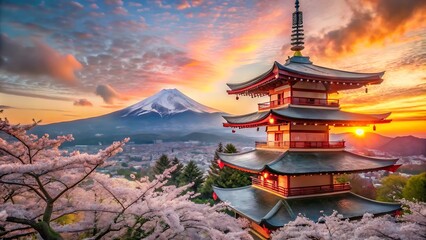 A serene view of Mount Fuji with a traditional Japanese pagoda in the foreground, surrounded by cherry blossoms in full bloom under a vibrant sunset sky.