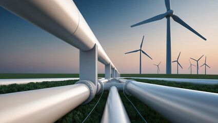 a hydrogen pipeline with wind turbines and in the background. green hydrogen production concept
