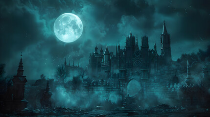 Wall Mural - Scary Halloween castle under a full moon in the dark night. Illustration of a gothic and eerie landscape