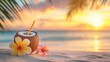 © Joyce - Tasty coconut drink with straw in hot tropical summer at sunset beach