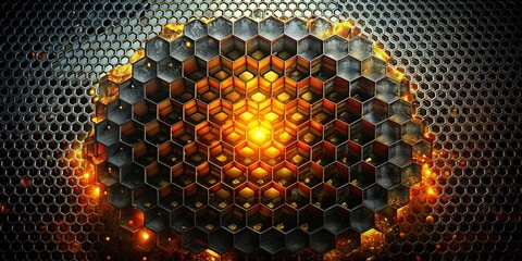 Wall Mural - metal lattice in the form of beehives in orange spots and bright shining light