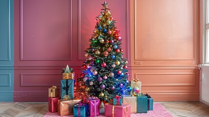 Wall Mural - This festive scene showcases a modern Christmas tree adorned with sleek metallic ornaments and vibrant LED lights, complemented by stylishly wrapped gifts underneath, capturing holiday spirit.

