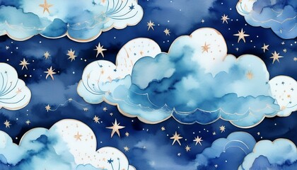 A pattern with watercolor clouds in shades of blue, stars and constellations 