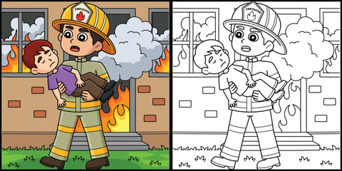 Wall Mural - Firefighter Saving the Kid Coloring Illustration