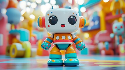 A cute cartoon robot toy with a colorful design stands on a playful background, ready for imaginative adventures.