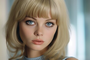 Beautiful blonde woman with pale blue eyes in a 60s and 70s fashion and picture retro vintage style background, ai generated