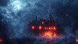 © Akash Tholiya - Spooky halloween house with orange and red lights coming from candles inside, fog and mist, full moon and bats, castle in the night