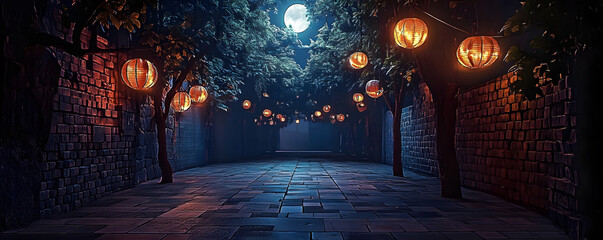 Wall Mural - A dark street with old brick walls decorated with night lanterns. An empty street with neon lights. A dark forest at night.