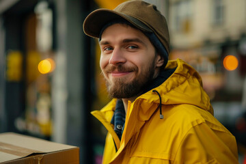 Wall Mural - Delivery service in work, courier person guy delivering package straight to client house, Generative AI