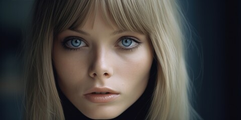 Beautiful blonde woman with pale blue eyes in a 60s and 70s fashion and picture retro vintage style background, ai generated