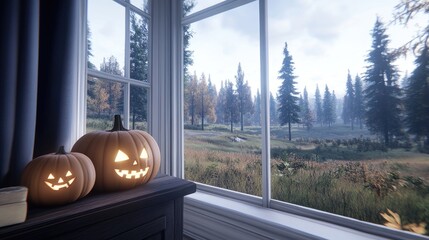 Wall Mural - Carved pumpkins with glowing faces sit on a windowsill in a cozy Halloween-decorated room, while vibrant autumn foliage is visible through the bay window