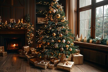 This festive scene showcases a modern Christmas tree adorned with sleek metallic ornaments and vibrant LED lights, complemented by stylishly wrapped gifts underneath, capturing holiday spirit.

