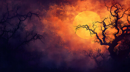 Wall Mural - Silhouette of a dead tree and moon on a grunge background in purple and yellow tones in Halloween concept.