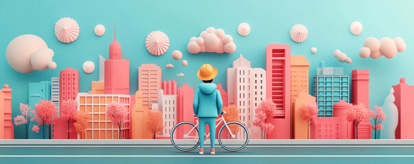 A vibrant cityscape illustration featuring a cyclist against a colorful urban background with playful clouds and trees.