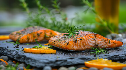 Close up of sliced ​​salmon with rosemary and pink sea salt on wooden board surrounded by olive oil bottles and fresh herbs on rustic kitchen background.