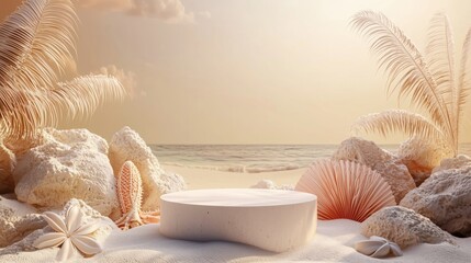 White colored podium on a beach sunset background 