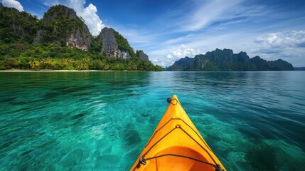 Poster - Kayak boat in tropical sea water with rocky mountain island