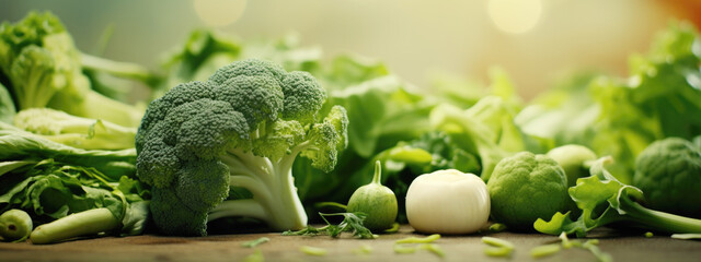 Fresh green vegetables arranged outdoors with sunlight in background, healthy eating concept