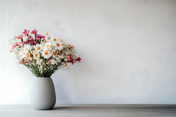 Wall Mural - On a neutral background, a beautiful bouquet of flowers is displayed in a gray vase. It makes a great gift idea for Mother's Days or Father's Days.