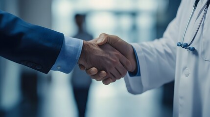 Pharmaceutical Representative Presenting New Medication to Doctor in Medical Building Shaking Hands