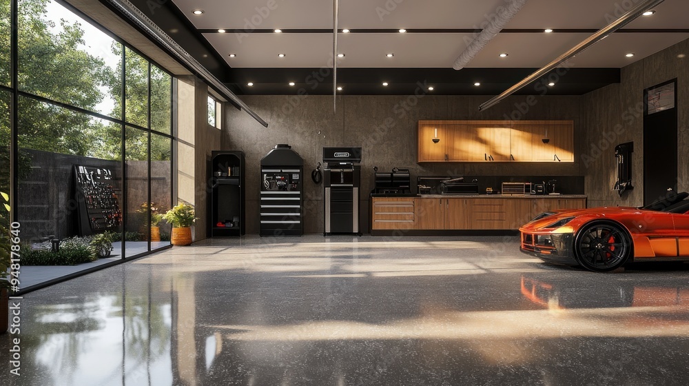 Modern Garage Interior with a Red Sports Car Stock Photo | Adobe Stock